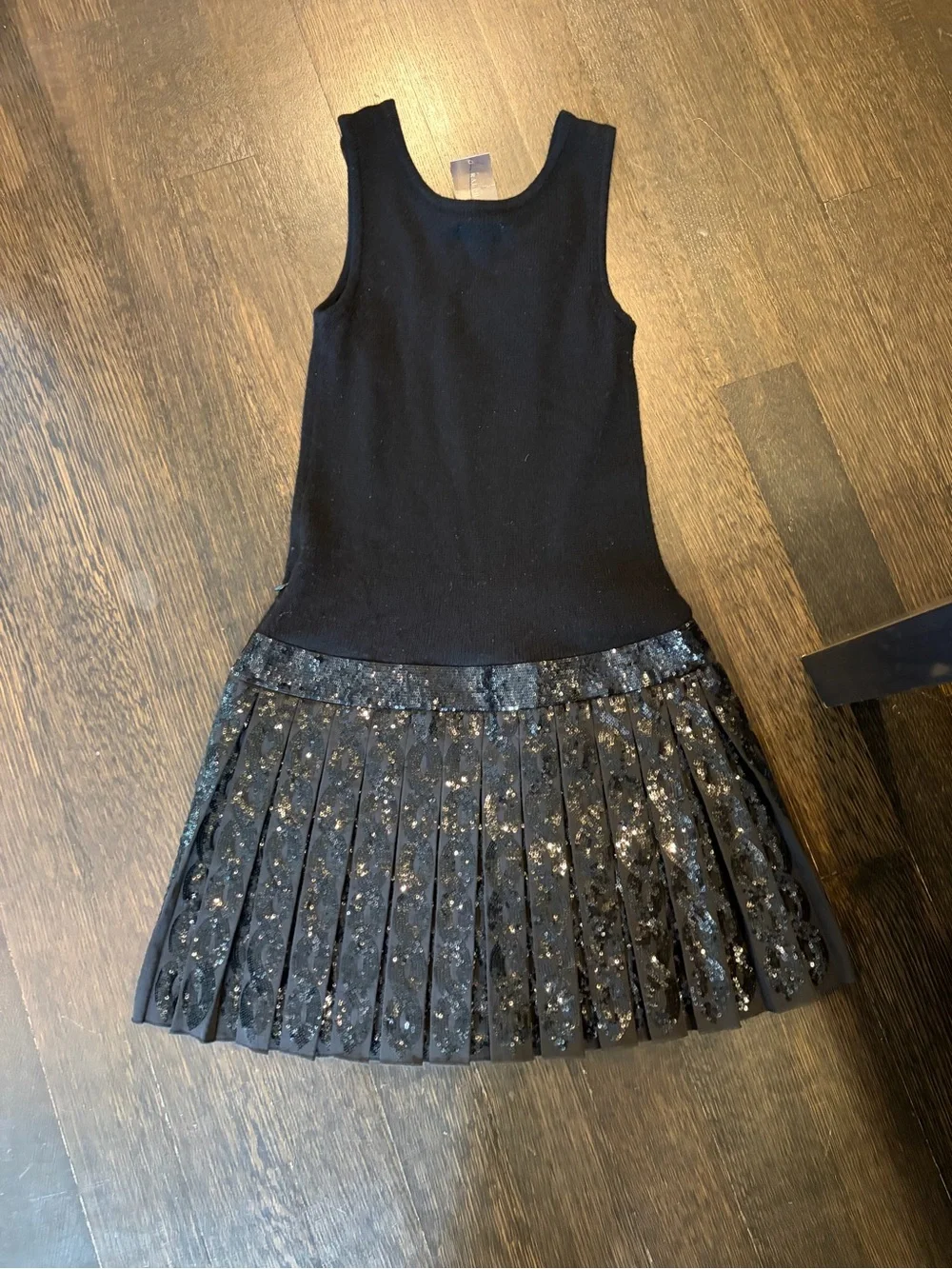 Ralph Lauren Black Sleeveless Knit Dress with Pleated Lace Skirt